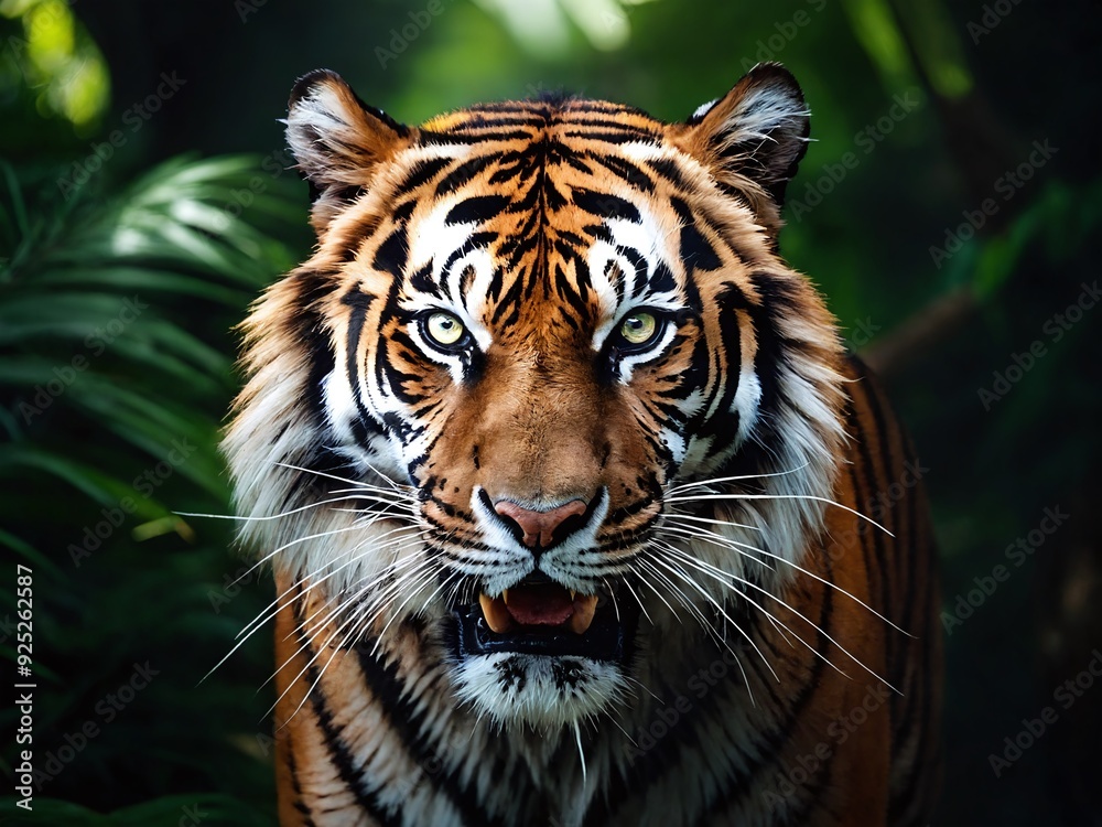 Majestic tiger staring directly at camera in dense jungle surroundings during daylight Majestic tiger staring directly at camera in dense jungle surroundings during daylight
