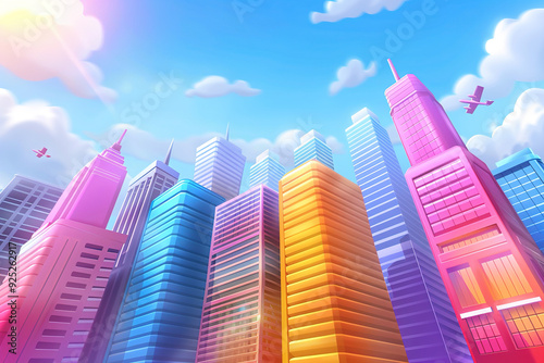 Colorful city illustration with skyscrapers reaching for the sky
