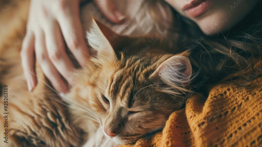 A serene moment of a person cuddling with a fluffy orange cat, evoking warmth and companionship on a cozy day. A serene moment of a person cuddling with a fluffy orange cat, evoking warmth and companionship on a cozy day.