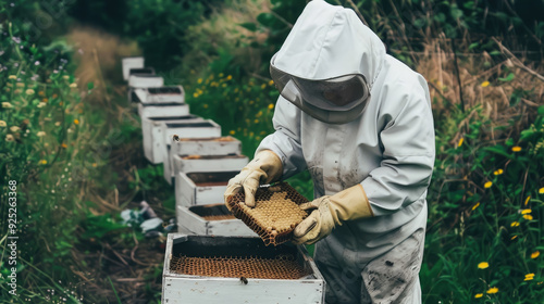 beekeeper in a protective suit collects honey from honeycombs from a hive, bees, beekeeping, insects, man, person, profession, nature, natural product, farm, bee breeding, apiculture, apiarist