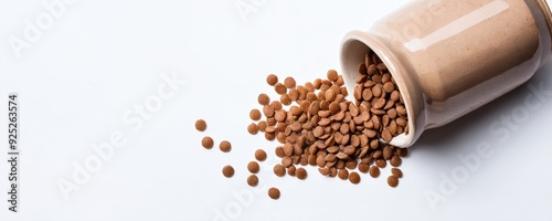 Spilled dog food kibble from ceramic container against white background
