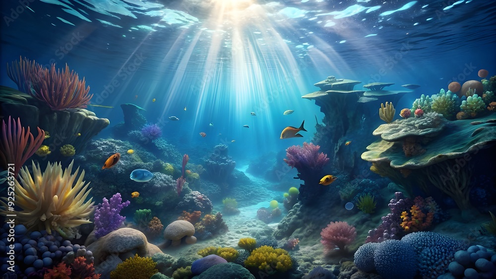 Underwater Sea Scene of coral reef, Sunlight shining undersea background Underwater Sea Scene of coral reef, Sunlight shining undersea background