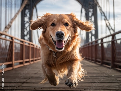 Golden retriever joyfully running on a wooden bridge during daytime with bridge in background