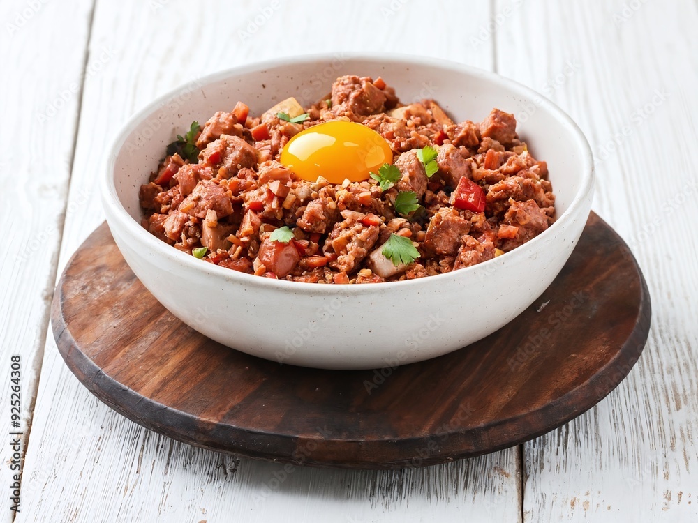 The concept of healthy food for pets - bowl of meat with fresh vegetables and raw egg yolk on a rustic wooden surface The concept of healthy food for pets - bowl of meat with fresh vegetables and raw egg yolk on a rustic wooden surface
