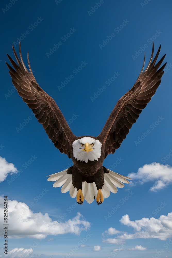 Naklejka premium Bald Eagle Flying in Blue Sky, Real Photo, Pattern Background, Wallpaper, Cover and Screen for Smartphone, Cell Phone, Computer, Laptop