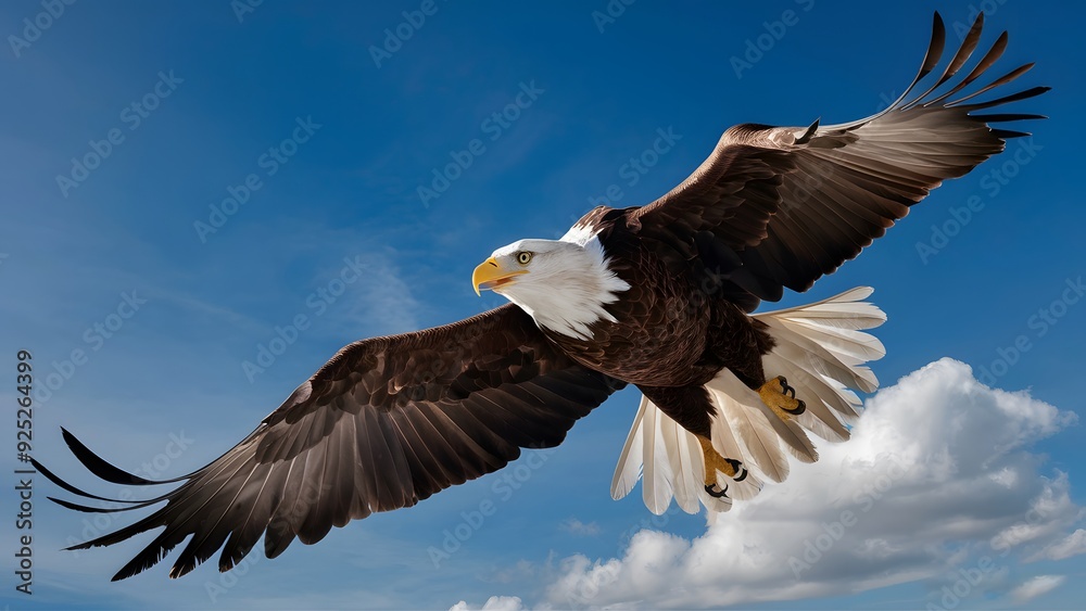Naklejka premium Bald Eagle Flying in Blue Sky, Real Photo, Pattern Background, Wallpaper, Cover and Screen for Smartphone, Cell Phone, Computer, Laptop