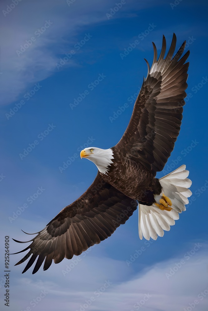 Naklejka premium Bald Eagle Flying in Blue Sky, Real Photo, Pattern Background, Wallpaper, Cover and Screen for Smartphone, Cell Phone, Computer, Laptop