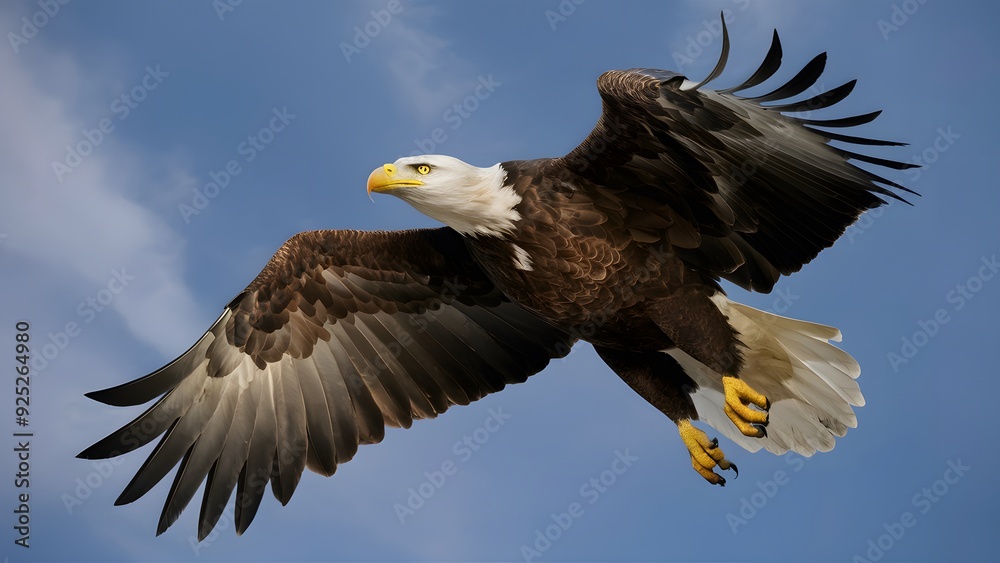Fototapeta premium Bald Eagle Flying in Blue Sky, Real Photo, Pattern Background, Wallpaper, Cover and Screen for Smartphone, Cell Phone, Computer, Laptop