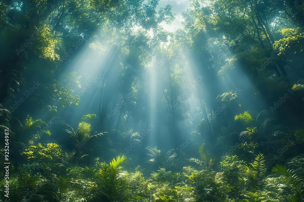 lush forest canopy with sunbeams vibrant greenery diverse flora and fauna misty atmosphere hidden wildlife ethereal glow emphasizing biodiversity and sustainability lush forest canopy with sunbeams vibrant greenery diverse flora and fauna misty atmosphere hidden wildlife ethereal glow emphasizing biodiversity and sustainability