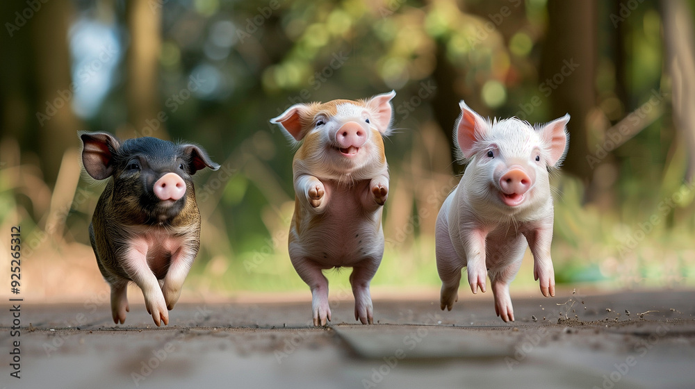 Three Adorable Piglets Running Through a Muddy Path in a Sunlit Forest Three Adorable Piglets Running Through a Muddy Path in a Sunlit Forest