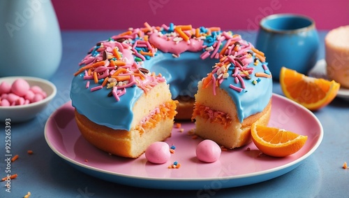 A Blue Plate with Pink, Orange Donut, and Cake Slice photo