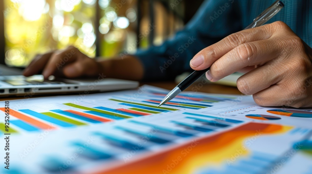 A person analyzing colorful charts and graphs with a pen while using a laptop in a bright, blurred background ideal for business, data analysis, finance, and office-related content, A person analyzing colorful charts and graphs with a pen while using a laptop in a bright, blurred background ideal for business, data analysis, finance, and office-related content,