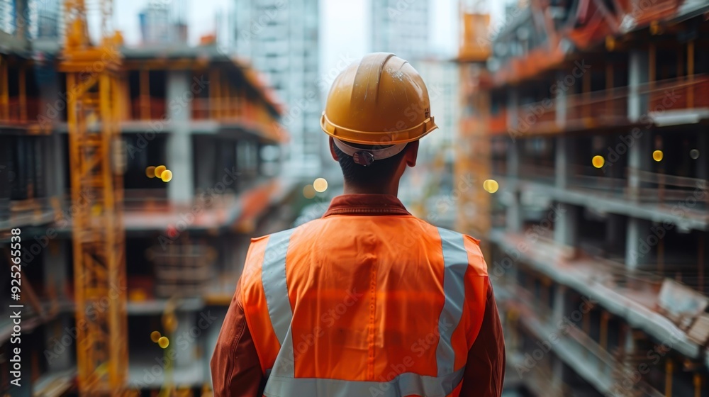 A construction worker in a high-visibility vest and hard hat overlooks an active, multi-story building site, suitable for themes of construction, industry safety, urban development A construction worker in a high-visibility vest and hard hat overlooks an active, multi-story building site, suitable for themes of construction, industry safety, urban development