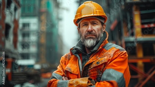 A serious construction worker in an orange jacket and helmet stands on a worksite, showcasing determination and hard work in challenging weather conditions, suitable for articles on construction