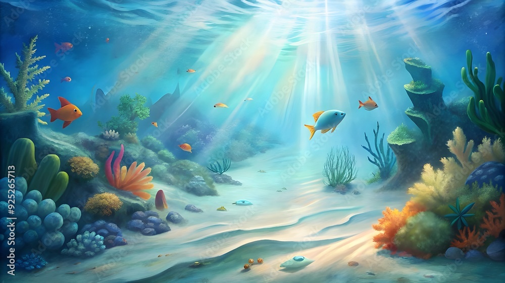 Fototapeta premium Underwater Sea Scene of coral reef, Sunlight shining undersea background 