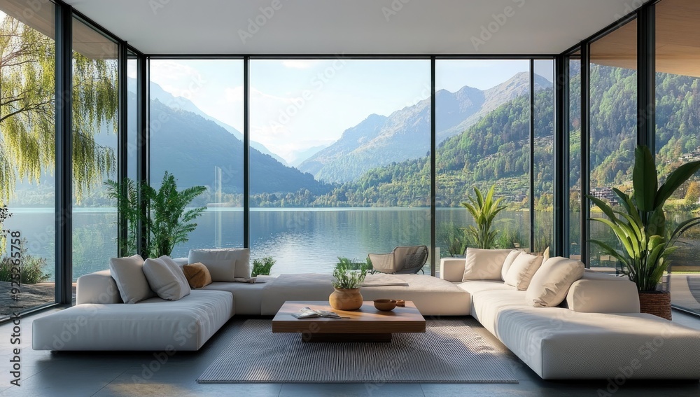 Modern living room with mountain view. Modern living room with mountain view.
