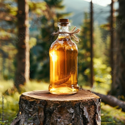 A rustic glass bottle filled with amber liquid, sealed with a cork and twine, sits on a tree stump in a sunlit forest, ideal for representing natural remedies, eco-friendly products photo