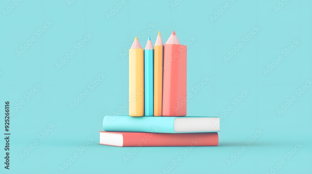Colorful pencils stand on a stack of books against a blue background. Colorful pencils stand on a stack of books against a blue background.