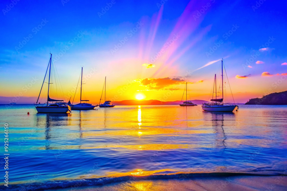 Fototapeta premium Sea horizon, sea, dawn, yachts, AI Generation