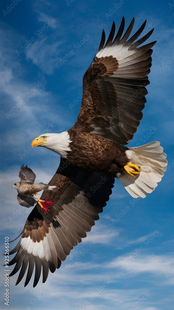 Fototapeta premium Bald Eagle Flying in Blue Sky with Prey in Talons, Real Photo, Pattern Background, Wallpaper, Cover and Screen for Smartphone, Cell Phone, Computer, Laptop