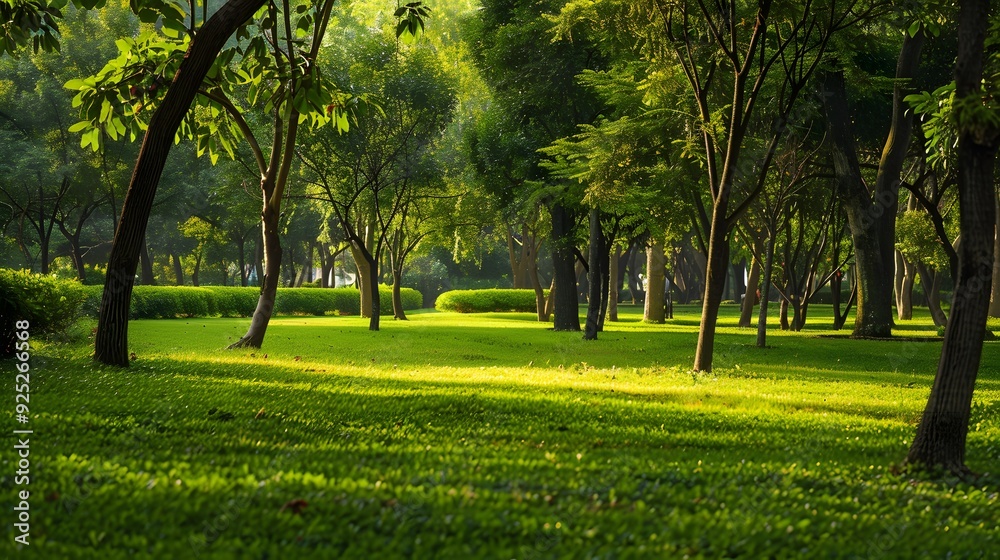 Obraz premium Lush green park with vibrant trees and sunlight streaming through the foliage