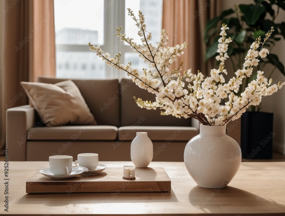 White Flowers in a Vase on a Wooden Table