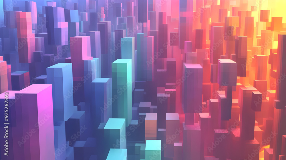 A colorful abstract landscape of 3D pixelated blocks resembling a cityscape. A colorful abstract landscape of 3D pixelated blocks resembling a cityscape.