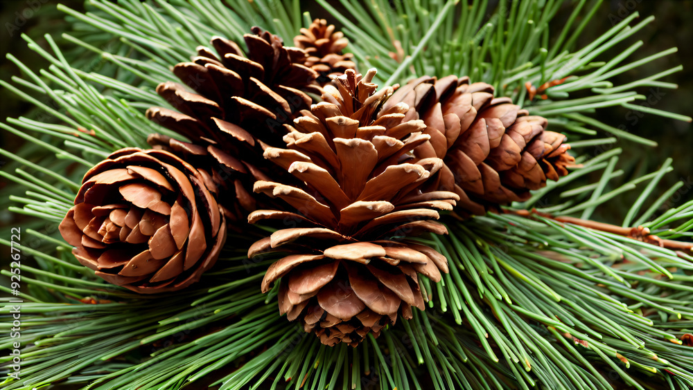 Fototapeta premium Symmetry of nature: Ornamental conical shape of pine cones in organic textures with winter shades for a holiday landscape.