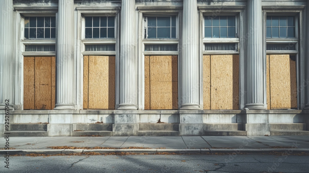 A courthouse with boarded-up windows, a scene of political tension, with space left for text overlay. A courthouse with boarded-up windows, a scene of political tension, with space left for text overlay.