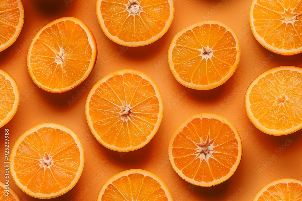Flat lay composition of sliced oranges arranged in a repeating pattern on an orange background. Seamless Pattern. AI generated images. Flat lay composition of sliced oranges arranged in a repeating pattern on an orange background. Seamless Pattern. AI generated images.