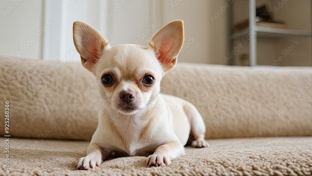 Cream smooth coat chihuahua dog laying on the floor indoor Cream smooth coat chihuahua dog laying on the floor indoor