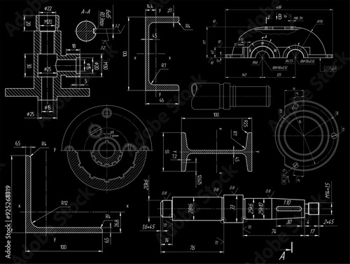 Vector engineering drawing of steel mechanical parts 
with through holes and dimension lines. Industrial 
cad scheme on paper sheet. Technology background.