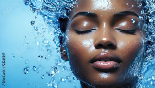 Woman's face surrounded by water droplets.