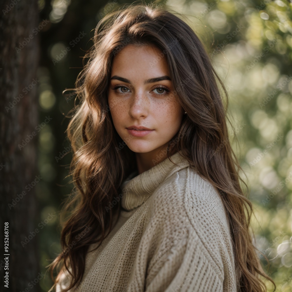 Intense gaze flowing hair young woman cozy sweater freckles Intense gaze flowing hair young woman cozy sweater freckles