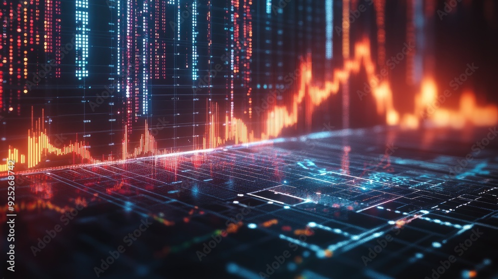 Naklejka premium A futuristic economy trend graph with digital overlays, highlighting key market movements in real-time.
