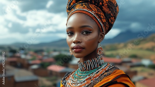 The woman displays traditional attire with intricate beading and a striking head wrap, set against a picturesque South African landscape