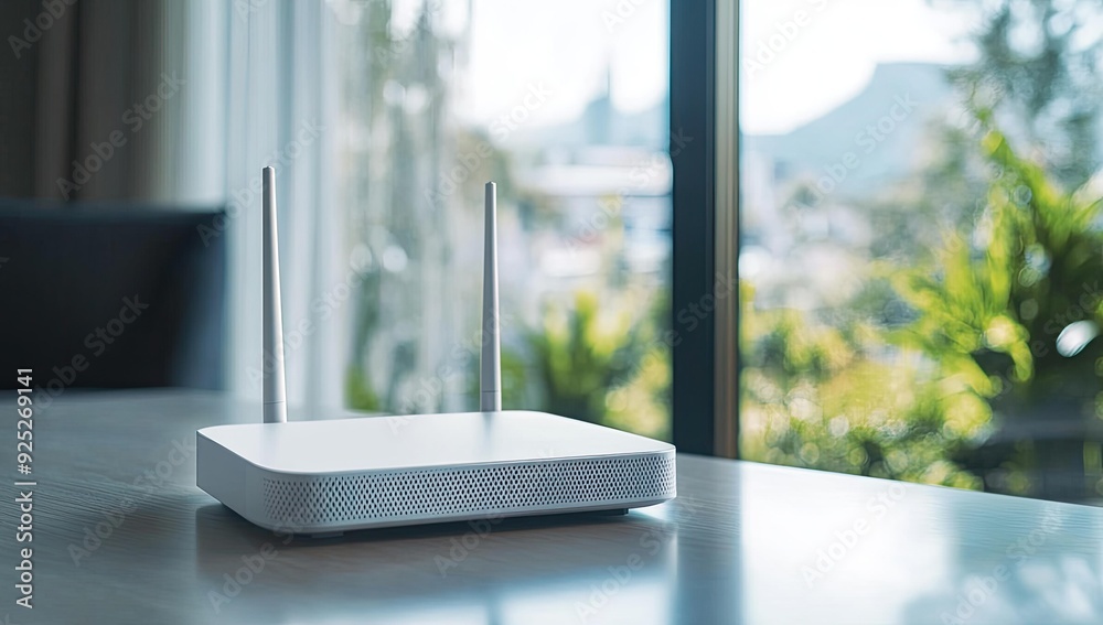 Fototapeta premium White router on table by window.