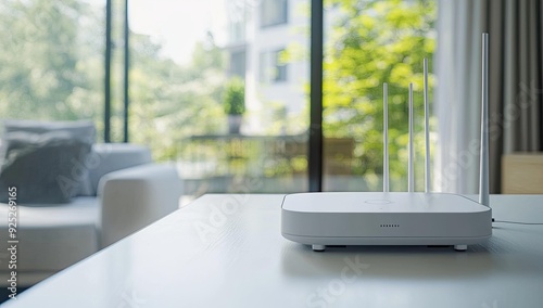 Wallpaper Mural White wireless router with antennas on table. Torontodigital.ca