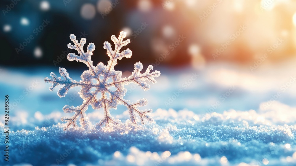 A snowflake is on the snow. The snow is white and the sky is blue A snowflake is on the snow. The snow is white and the sky is blue