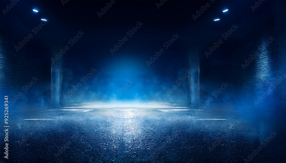 Obraz premium The dark stage shows, dark blue background, an empty dark scene, neon light, spotlights The asphalt floor and studio room with smoke float up the interior 