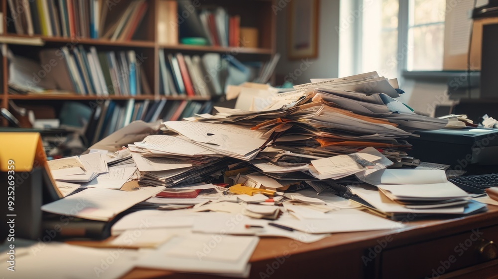 A messy office desk piled high with documents and files, spilling over and creating a chaotic work environment.