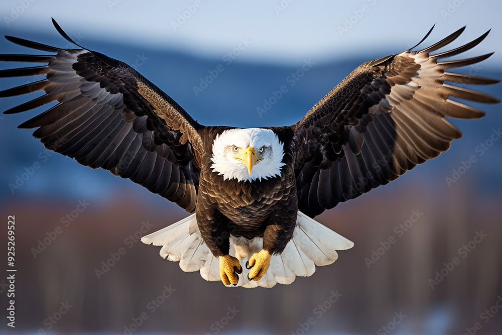 vertical closeup shot of the bald eagle while flying vertical closeup shot of the bald eagle while flying