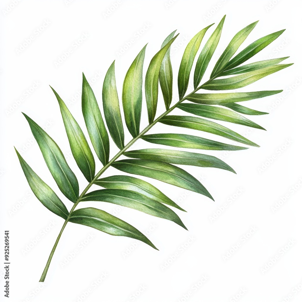 Watercolor Green Palm Leaf on White Background. Watercolor Green Palm Leaf on White Background.