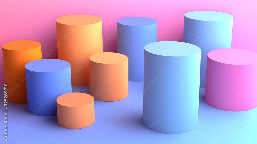 A colorful arrangement of cylindrical shapes in various sizes and hues on a gradient background. A colorful arrangement of cylindrical shapes in various sizes and hues on a gradient background.
