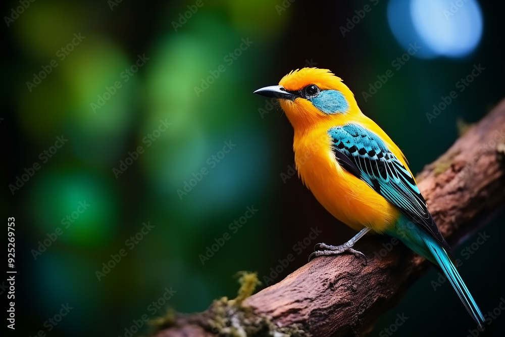 Fototapeta premium vertical shot of beautiful colorful bird with forest