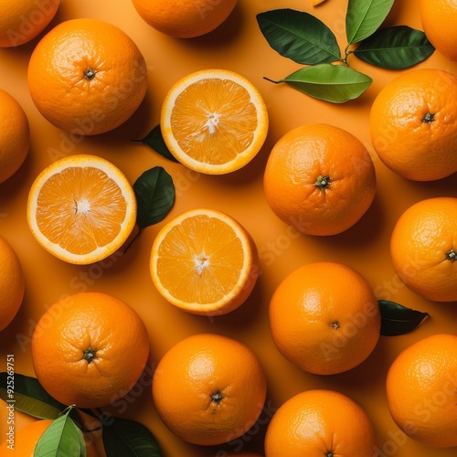 Oranges and leaves arranged pattern on orange background. AI generated images.