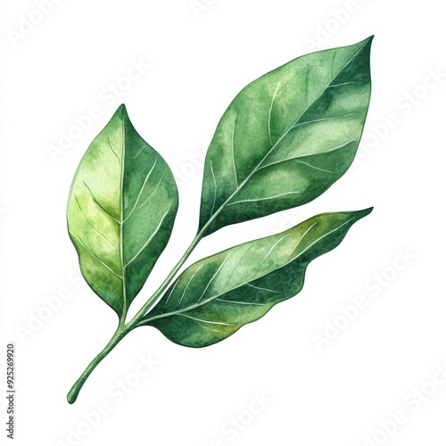 Watercolor Green Leaves on White Background.