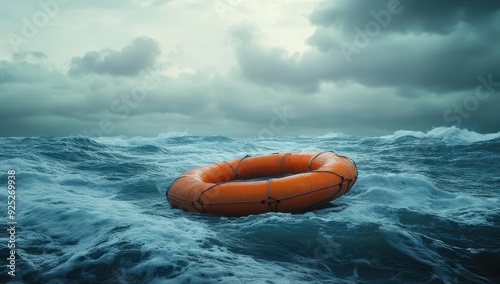 Life raft bobs in choppy stormy sea.