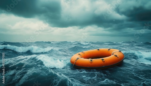 Orange life ring floating in a stormy sea.
