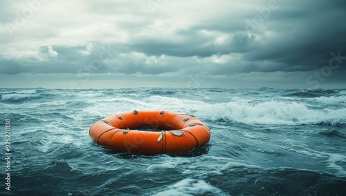 Orange life raft in choppy, stormy sea.